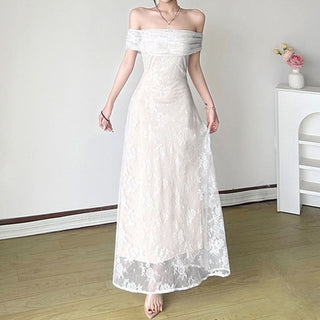 Off shoulder lace hem maxi dress