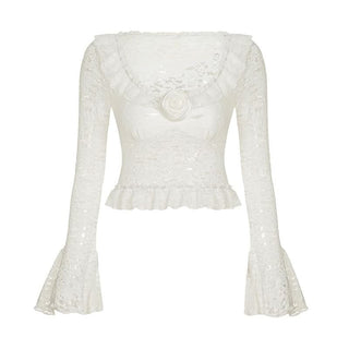 Long flared sleeve lace flower applique top