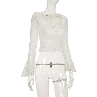 Long flared sleeve lace flower applique top