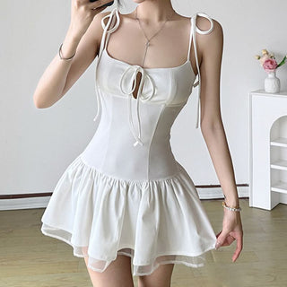 Square neck self tie ruffle cami mini dress