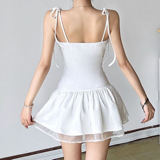 Square neck self tie ruffle cami mini dress