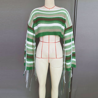 Long sleeve tassels contrast crop top