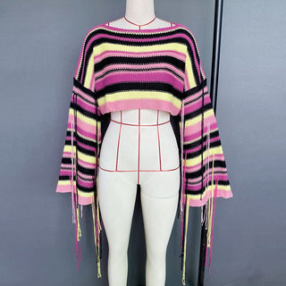 Long sleeve tassels contrast crop top