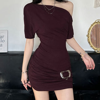 One shoulder ruched short sleeve metal applique mini dress