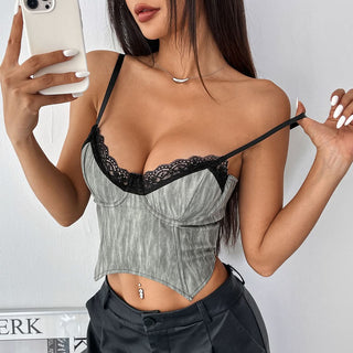 Lace hem corset lace up cami top