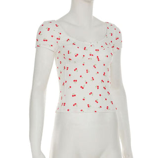 Short sleeve textured cherry print top