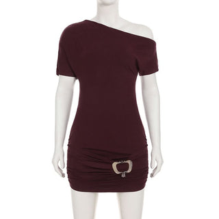 One shoulder ruched short sleeve metal applique mini dress