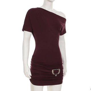 One shoulder ruched short sleeve metal applique mini dress