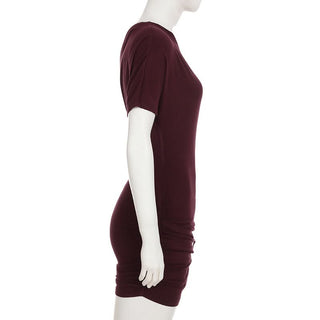 One shoulder ruched short sleeve metal applique mini dress