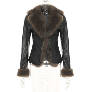 Long sleeve PU leather fluffy button coat top