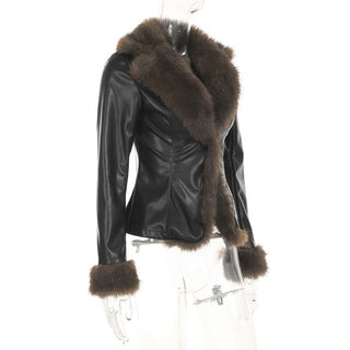 Long sleeve PU leather fluffy button coat top