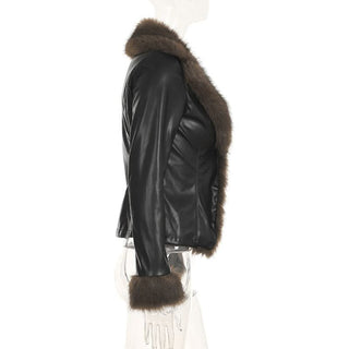 Long sleeve PU leather fluffy button coat top