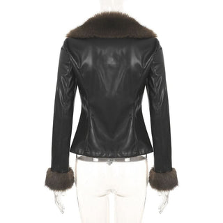 Long sleeve PU leather fluffy button coat top