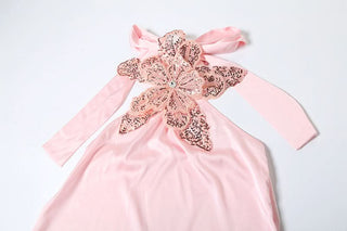 Halter glitter flower applique self tie maxi dress