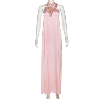 Halter glitter flower applique self tie maxi dress