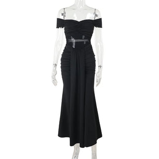 Off shoulder mesh patchwork ruched maxi dress