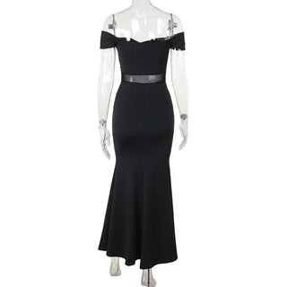 Off shoulder mesh patchwork ruched maxi dress