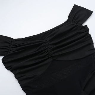 Off shoulder mesh patchwork ruched maxi dress