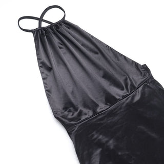 Cross back satin self tie slit maxi dress