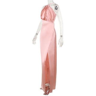 Hollow out satin slit ruched cut out maxi dress