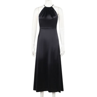 Cross back satin self tie slit maxi dress