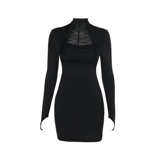Long sleeve high neck hollow out self tie cut out mini dress