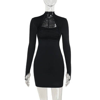 Long sleeve high neck hollow out self tie cut out mini dress