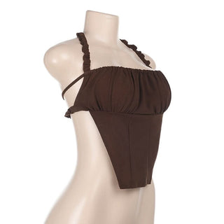 Halter ruched backless self tie top