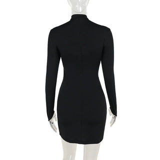 Long sleeve high neck hollow out self tie cut out mini dress