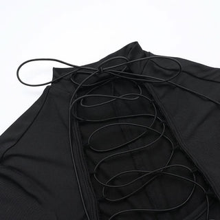 Long sleeve high neck hollow out self tie cut out mini dress