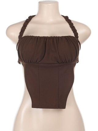 Halter ruched backless self tie top