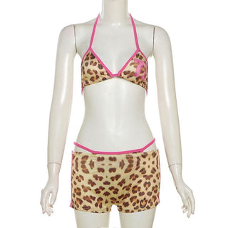 Halter leopard print 3 piece mini short pant set