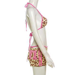 Halter leopard print 3 piece mini short pant set