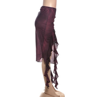 Tie dye ruffle slit midi skirt