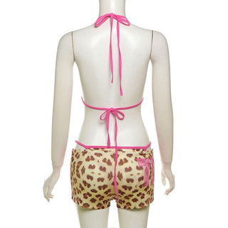 Halter leopard print 3 piece mini short pant set