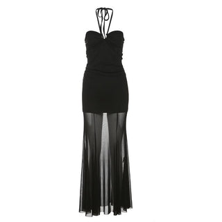 Halter self tie hollow out mesh cut out maxi dress