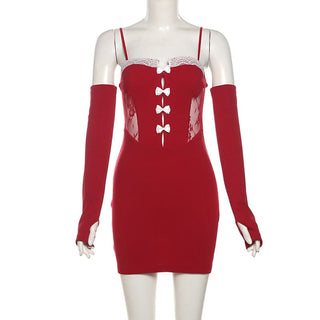 Lace gloves bowknot cami mini dress