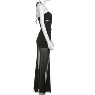 Halter self tie hollow out mesh cut out maxi dress