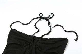 Halter self tie hollow out mesh cut out maxi dress