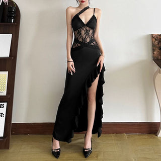 V neck lace hem ruffle cami maxi dress