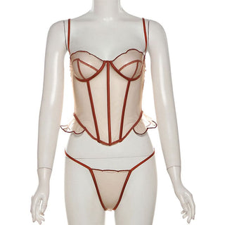 Sweetheart neck ruffle mesh cami short pant set