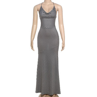 Striped print self tie cami maxi dress