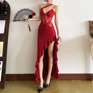 V neck lace hem ruffle cami maxi dress