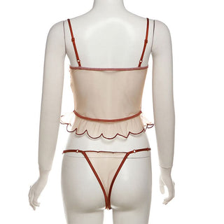 Sweetheart neck ruffle mesh cami short pant set