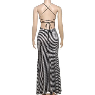 Striped print self tie cami maxi dress