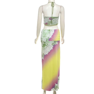 Halter flower print smocked mesh maxi skirt set