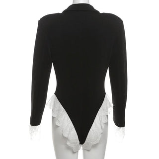 Turnover collar long sleeve lace hem bodysuit