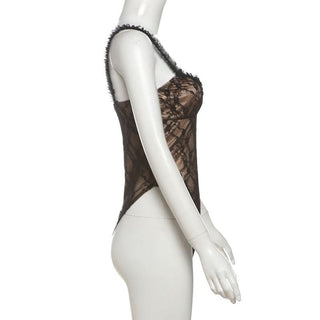 Lace sweetheart neck ruffle cami bodysuit