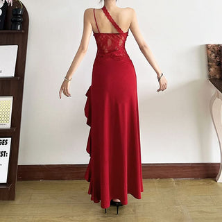 V neck lace hem ruffle cami maxi dress