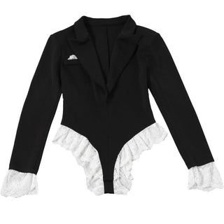 Turnover collar long sleeve lace hem bodysuit